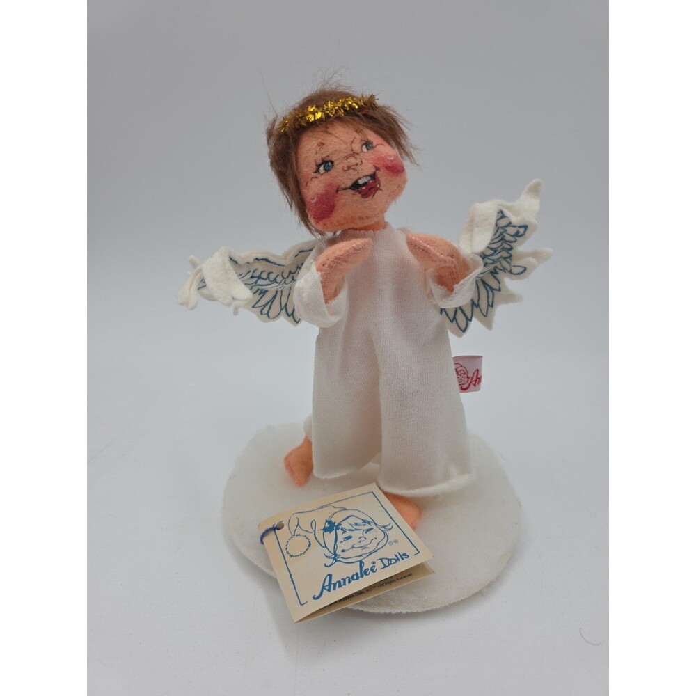 #1 Vtg 1995 Annalee 7" Brown Hair Gold Halo Angel w/Wings Cloud Base